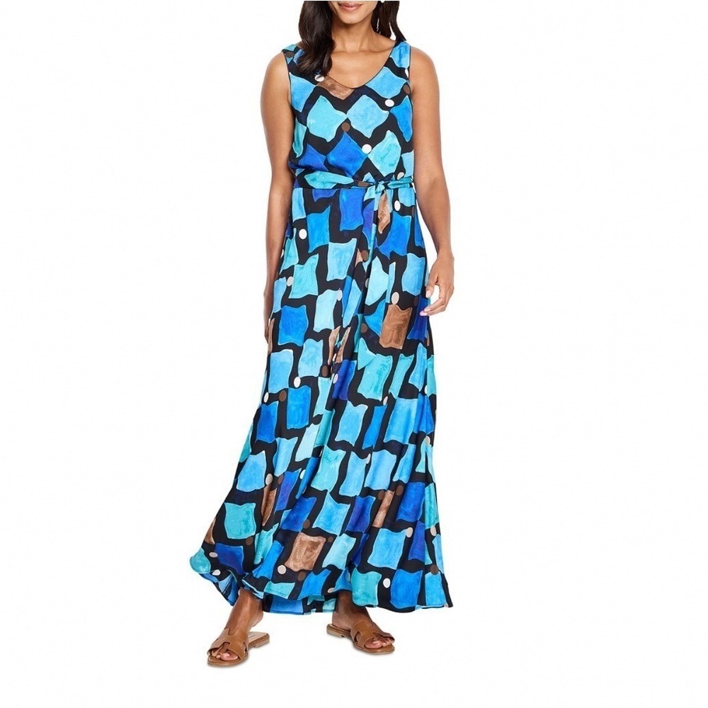 NIC+ZOE Sea Glass Bianca Dress Blue Multi Geometric V-Neck Maxi Medium S251934